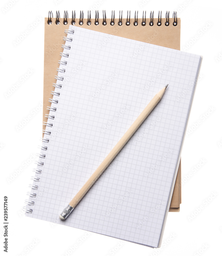 School notebook with pencil on white backgroynd isolation top view School notebook with pencil on white backgroynd isolation top view