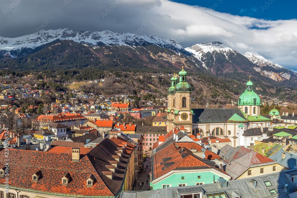Innsbruck city center under Stadtturm tower. It is capital city of Tyrol in western Austria, Europe
