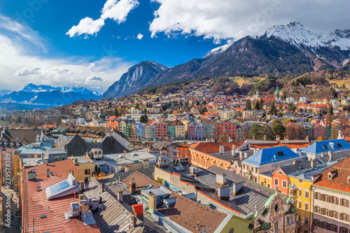 Innsbruck city center under Stadtturm tower. It is capital city of Tyrol in western Austria, Europe photo