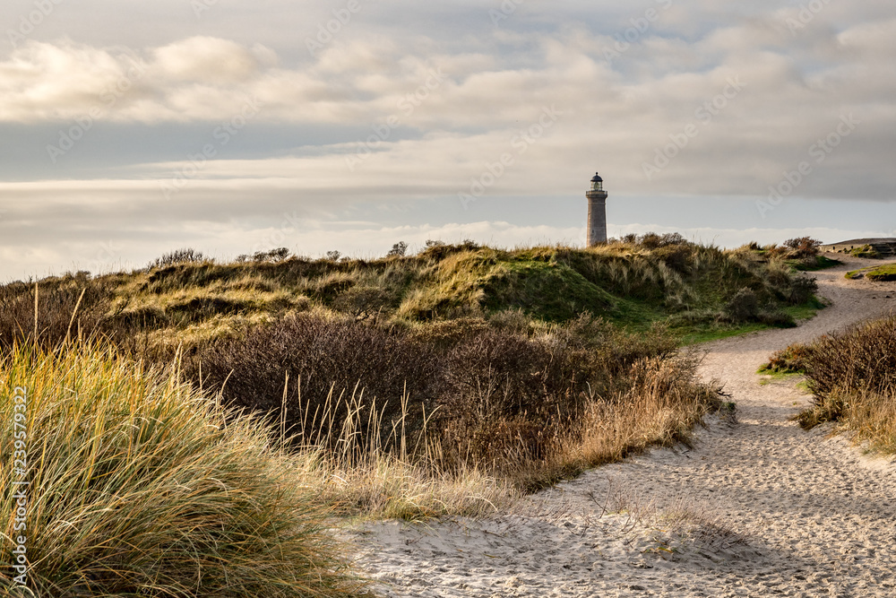 Skagen Grey Lighthouse from 1858 placed at the northernmost point in Denmark with sand and dunes in the foreground