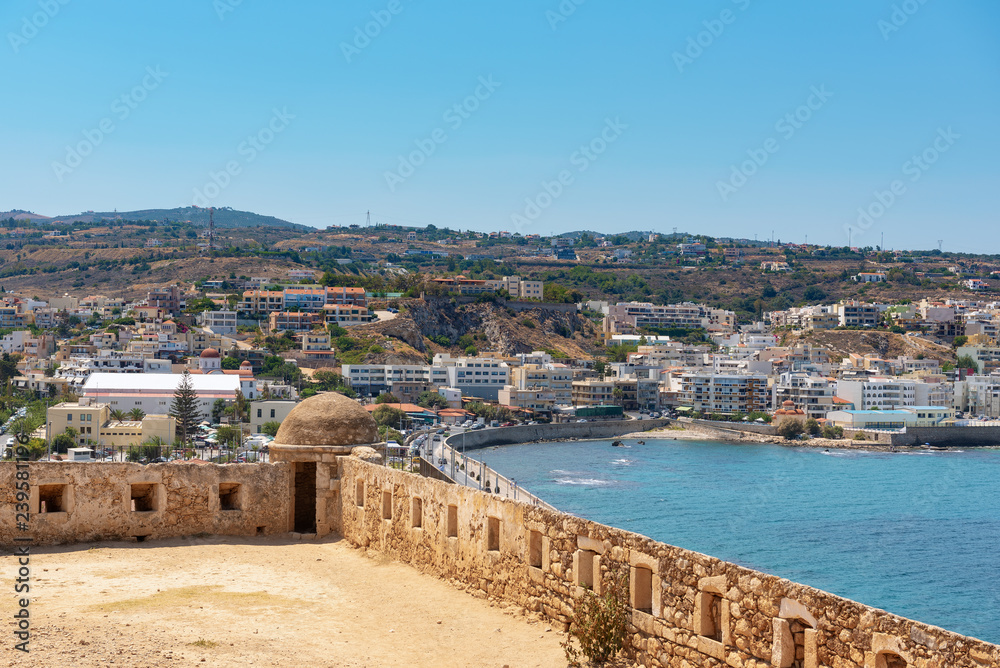 Aerial view on Mediterranean sea bay from wall of Rethimno fortress, Crete island, Greece 