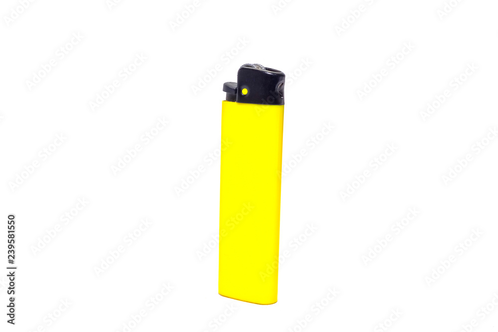 Yellow disposable lighter on a white isolated background Yellow disposable lighter on a white isolated background