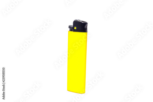 Yellow disposable lighter on a white isolated background
