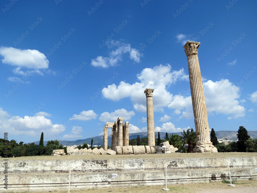 Europe, Greece, Athens, the ruins of the ancient  temple dedicated to Zeus in good weather