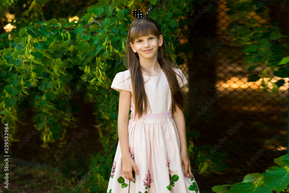Portrait of beautiful little girl in elegant dress in green summer field Portrait of beautiful little girl in elegant dress in green summer field