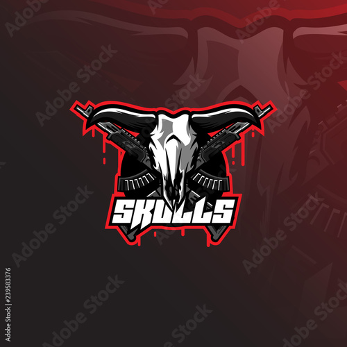 skull vector mascot logo design with modern illustration concept style for badge, emblem and tshirt printing. skull illustration with shotgun.