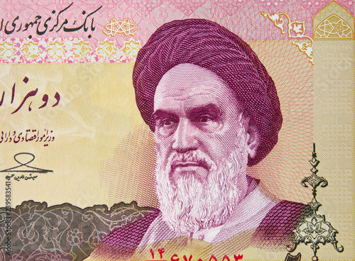 Ayatollah Ruhollah Khomeini on Iranian 2000 rial banknote close up, Iran currency. photo