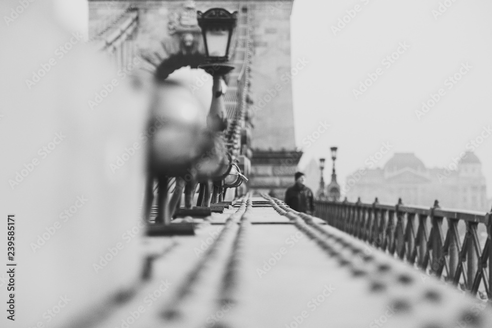 Obraz premium Zamyka up rocznika metalu ogrodzenie Łańcuszkowy most w czarnym bielu. Architektura tło budowlane. Węgry, Budapeszt
