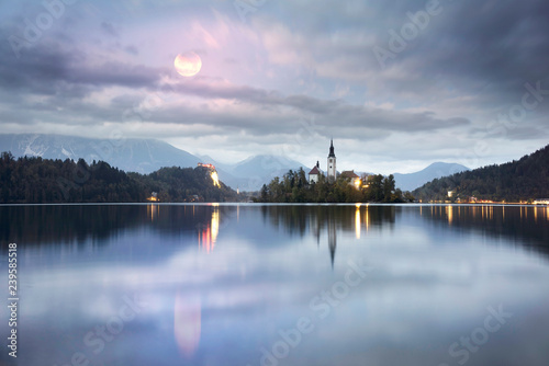 Night and morning on Lake Bled