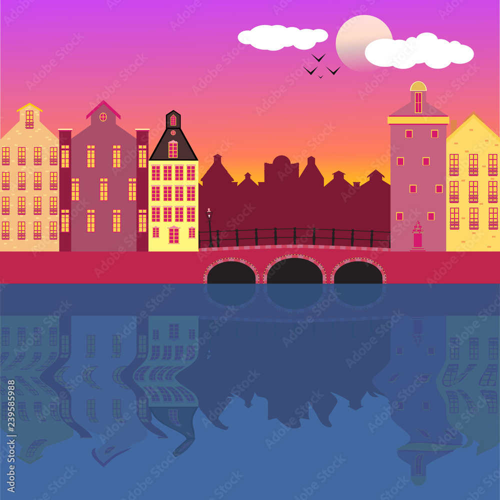  Amsterdam street facades cartoon vector   illustration