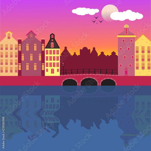  Amsterdam street facades cartoon vector   illustration