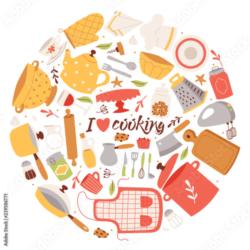 Cooking ingredients and utensils background vector illustration. Cartoon  kitchen culinary tableware elements for cooking poster, banner, brochure. I  love cooking. Stock Vector | Adobe Stock