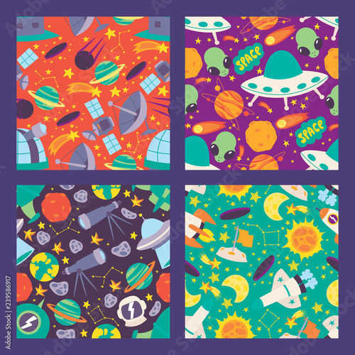 Space seamless pattern. Planets, moon, satellites, rockets and stars. Cartoon alliens and UFO spaceship icons vector illustration. Exploring space with telescope.