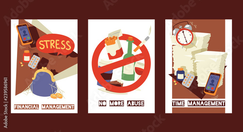 Stress and stressful situation concept cards set vector illustration. Financial management. Lack of money. No more abuse. Giving up bad habits. Time management. Meeting deadlines.