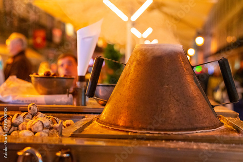 Roasted chestnuts sold at streets of Lisbon, Portugal 
