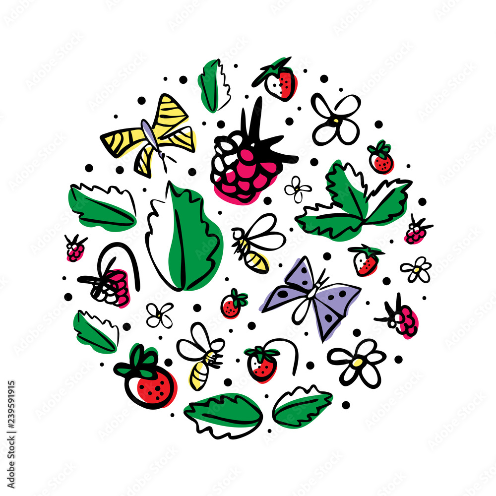 Vector round illustration with berries, bees,butterflies, flowers and leaves on a white background. Great for product design for kids. Hand drawn Vector round illustration with berries, bees,butterflies, flowers and leaves on a white background. Great for product design for kids. Hand drawn