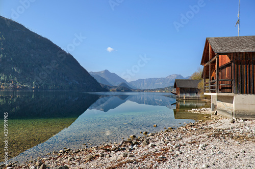 View of the lake Grundlsee in the early autumn morning, framed by the Dead Mountains. Grundlsee, region Salzkammergut, Liezen district of Styria, Austria, Europe. photo