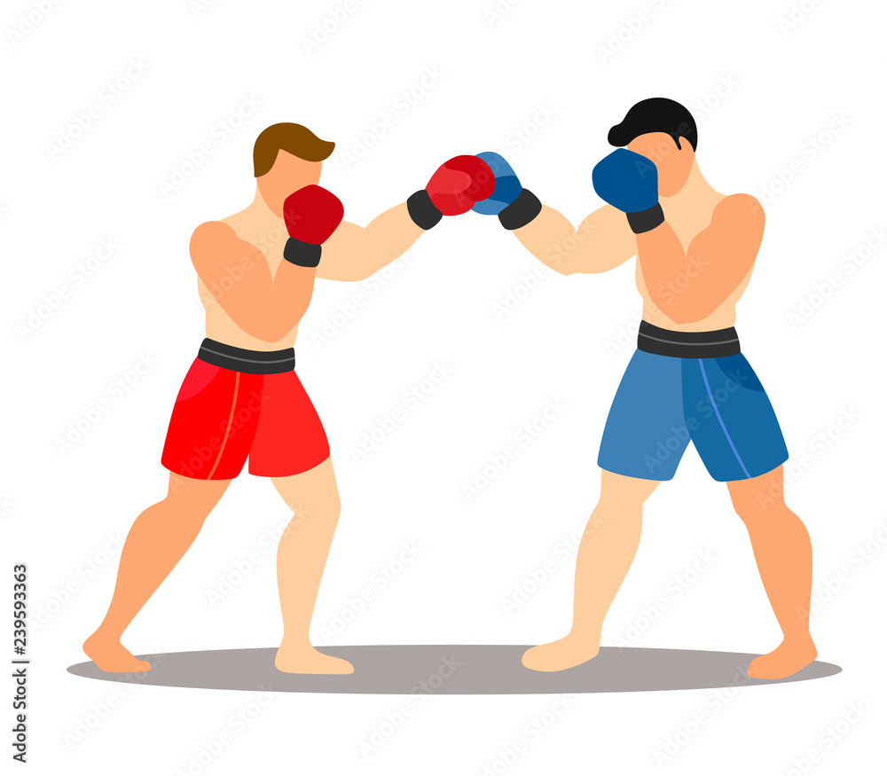 Two boxers in a fight against a white background. Cartoon flat illustration