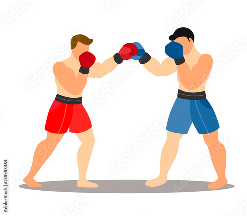Two boxers in a fight against a white background. Cartoon flat illustration © EkaterinaGr