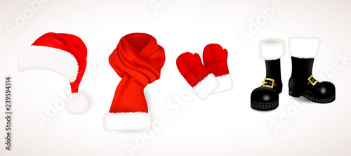 Collection of traditional red Santa Claus clothing, hat with fluffy fur pompon, scarf with snow, mittens and black boots isolated on white background. Vector illustration photo