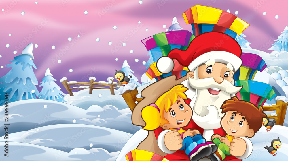 cartoon snow scene with santa claus and kids - illustration for children cartoon snow scene with santa claus and kids - illustration for children