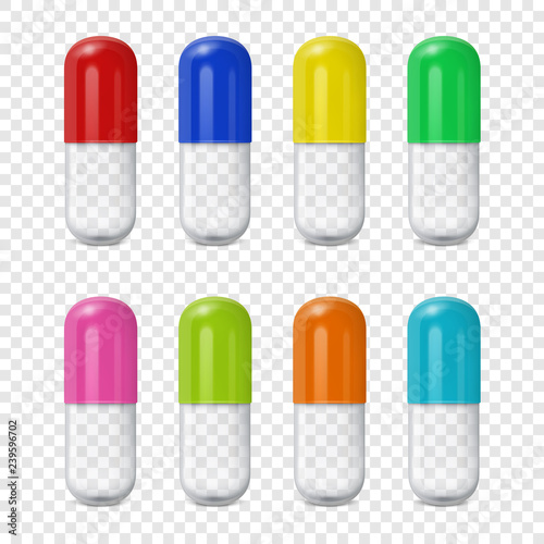 Vector Realistic 3d Different Color Medical Pill, Capsules Icon and Mock-up Set Isolated on Transparent Background. Design Template of Pills for Mockup. Medical and Healthcare Concept. Vertical