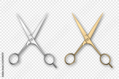 Vector 3d Realistic Silver and Gold Metal Opened Stationery Scissor Icon Set Closeup Isolated on Transparency Grid Background. Design Template of Classic Scissors for Graphics, Mockup. Top View