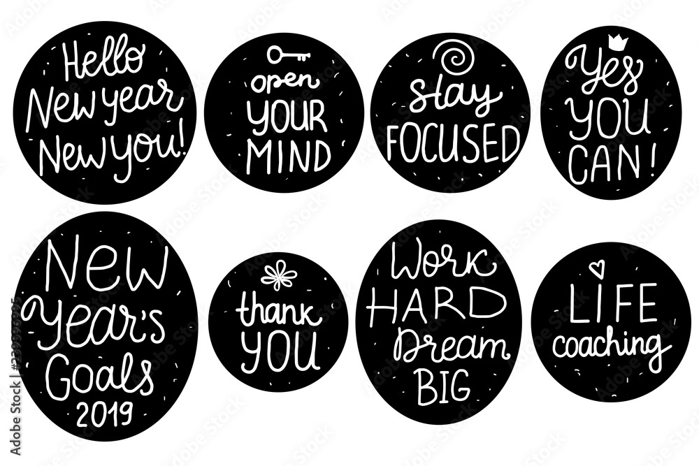 Set sticker Lettering inscription Life Coaching, Yes YOU Can, New Years Goals items. White hand drawn Vector isolated on black. Space card Set sticker Lettering inscription Life Coaching, Yes YOU Can, New Years Goals items. White hand drawn Vector isolated on black. Space card
