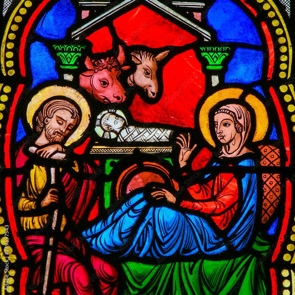 Nativity Scene - Christmas Card - Stained Glass in Monaco Cathedral