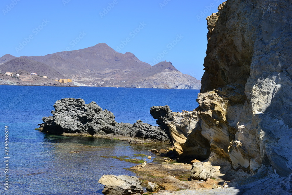 Hike at Coast of natural park of Cabo de Gata, Almeria, Andalusia, Spain, vulcanic area, sea and mountains