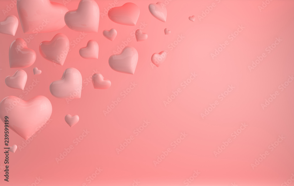 Pink glossy shiny hearts with reflection effect. Saint Valentine's day greeting card February 14 design. Love, wedding marriage ceremony celebration. 3d render heart shape