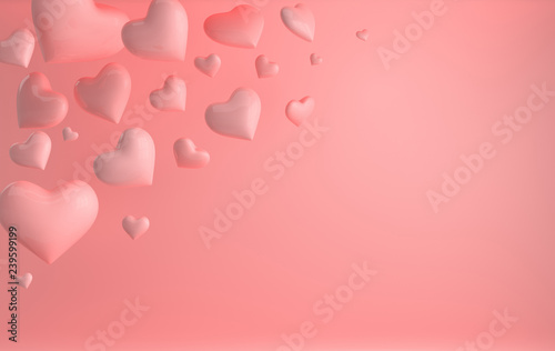 Pink glossy shiny hearts with reflection effect. Saint Valentine's day greeting card February 14 design. Love, wedding marriage ceremony celebration. 3d render heart shape © Meranna