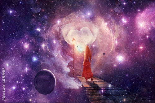 Young Abstract Digital Beautiful Woman In A Red Dress Going Through Another Dimension World Artwork