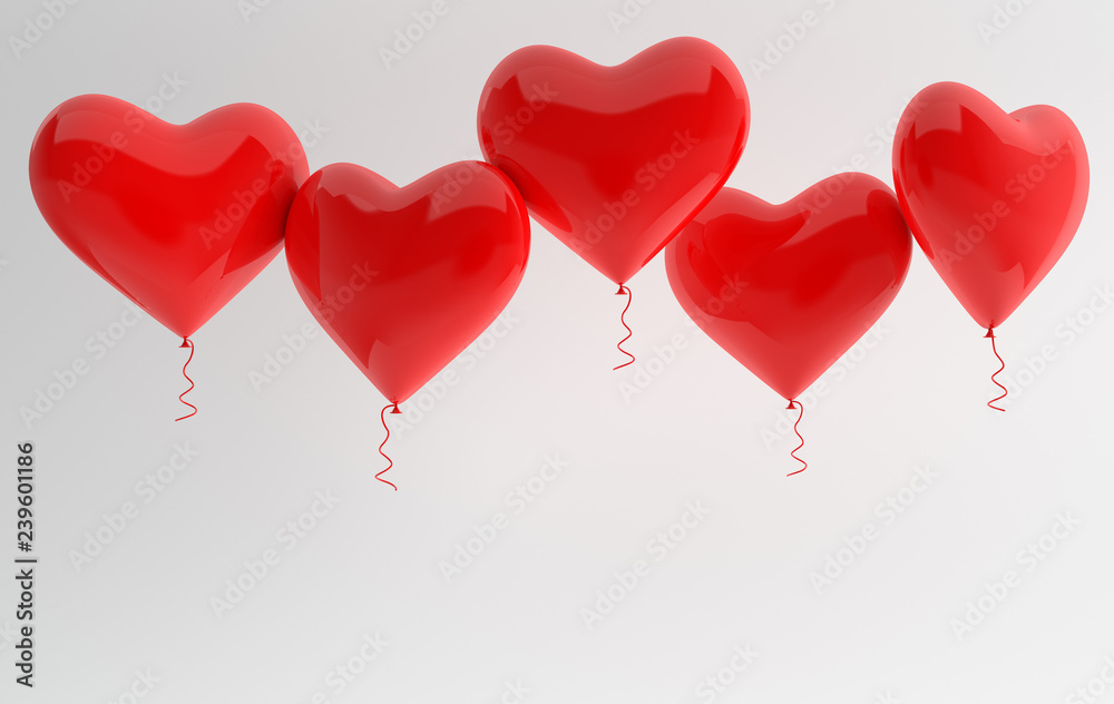 3d render illustration of realistic red glossy heart balloons on white. Valentine's Day romantic elegant 14 february greeting card. Empty space for party, promotion social media banners, posters.
