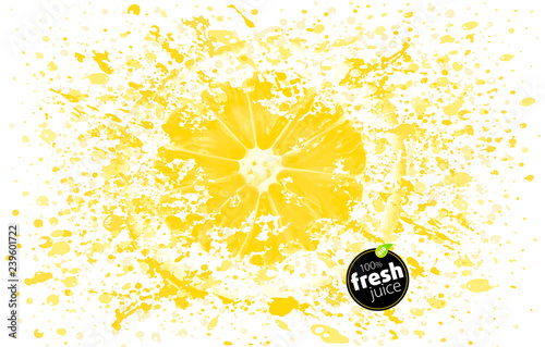 Lemon with a splash of fresh juice. Explosion and splashes of ripe juicy fruit. White background Illustration – Vector