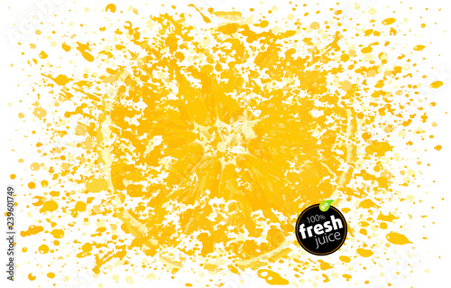 Orange juice splash. Fresh fruit and splashes. A blast of fresh fruit taste. Citrus splashing. White background