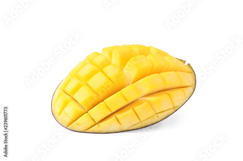 Fresh juicy mango half isolated on white
