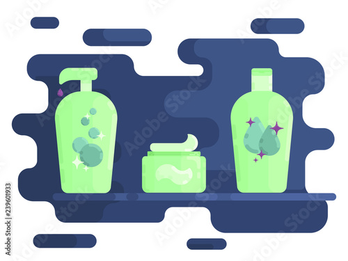 Set for women's personal care. Soap, cream and tonic. Flat vector illustration.