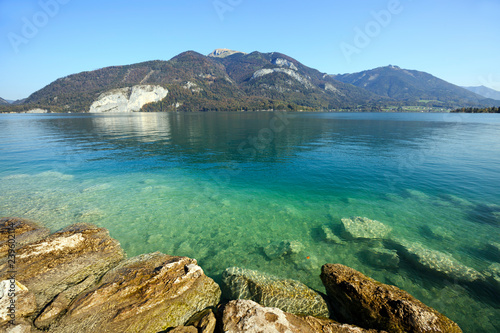 Lake Wolfgangsee in the fall as viewed from village Gschwand. State of Salzburg in the Salzkammergut resort region, Austria, Europe. photo