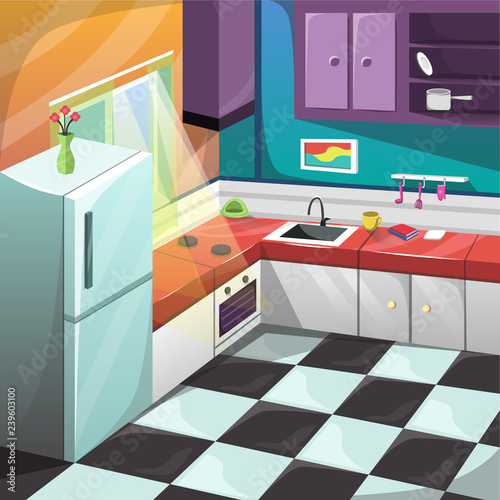 Clean Kitchen Set Interior Room Furniture with Large Windows, Refrigerator stove and desk for Cartoon Vector Architecture Decoration Ilustration Concept Idea