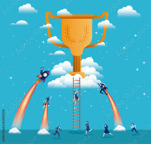 businesswomen flying in rockets start up with trophy