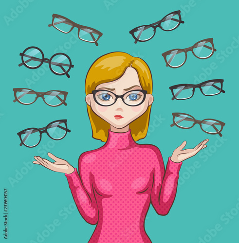 Girl and eyeglasses of different forms