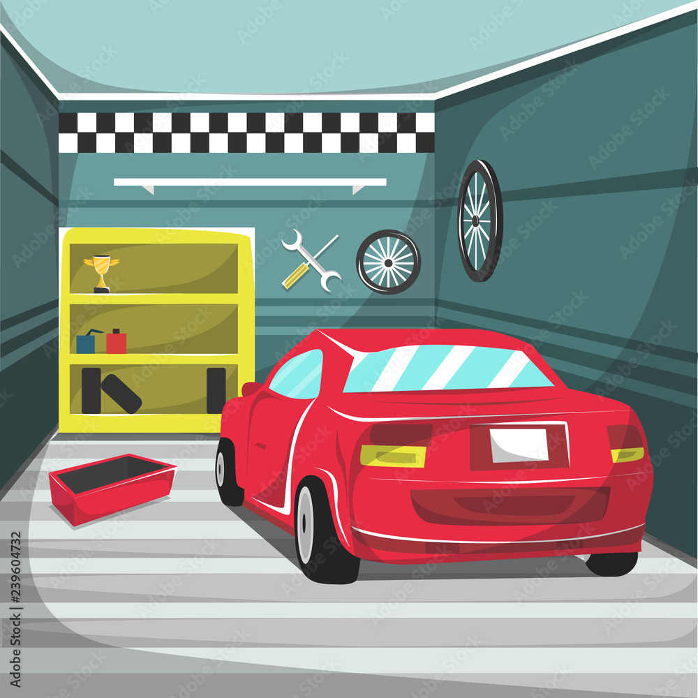 Vecteur Stock Garage Car Interior with helm, red tool box, air pump,  screwdriver, motorcycle tire, trophy for Cartoon Vector Illustration