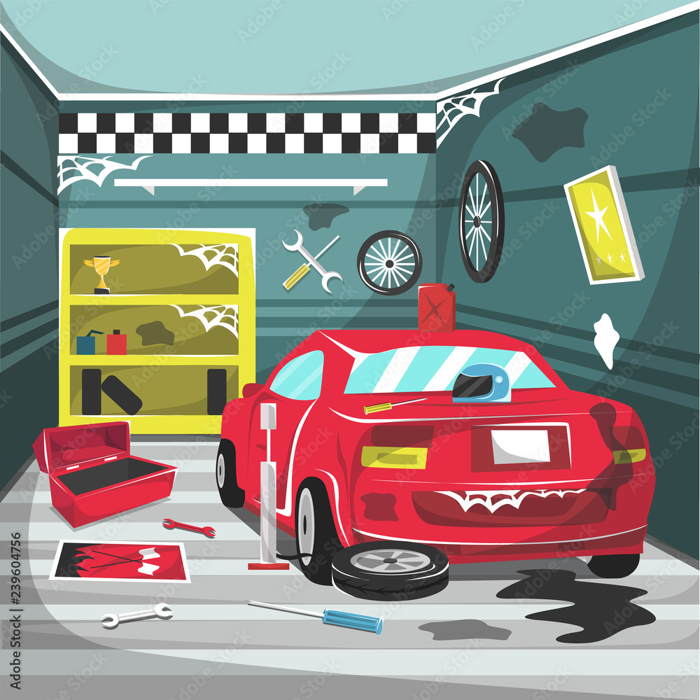 Vecteur Stock Dirty Garage Car Interior with helm, red tool box, air pump,  screwdriver, motorcycle tire, trophy for Cartoon Vector Illustration