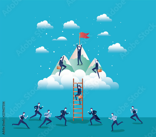 business people in mountains with flag with stair