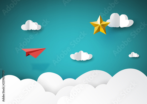 Red paper airplane flying to golden star paper art style of business success creative idea concept.Vector illustration.