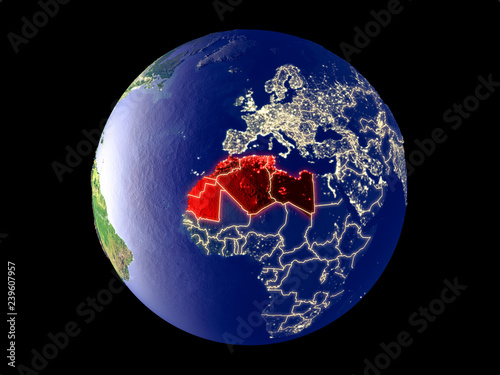 Φωτογραφία Maghreb region from space on model of planet Earth with city lights