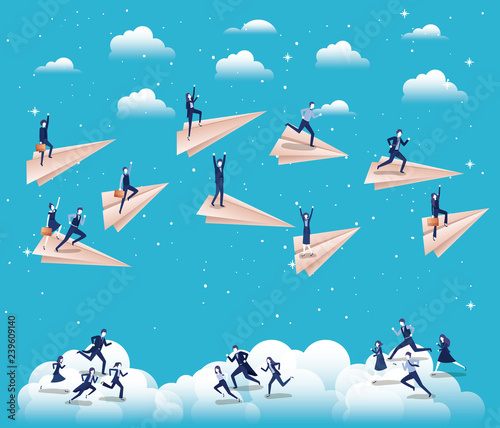 business people competing with paper airplane