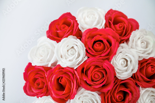 Red and White roses bouquet as a gift on St Valentine s Day isolated on a white background  view from above