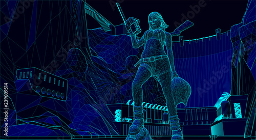 murderous woman in an empty dam illustrated in wire frame style